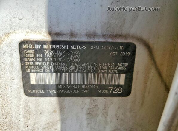 ML32A5HJ1LH002445 2020 MITSUBISHI MIRAGE White Widok komory silnika