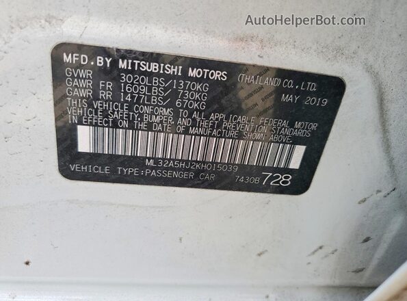 ML32A5HJ2KH015039 2019 MITSUBISHI MIRAGE White 