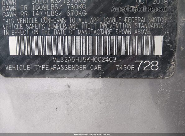 ML32A5HJ5KH002463 2019 MITSUBISHI MIRAGE Gray ძრავის განყოფილების ხედი