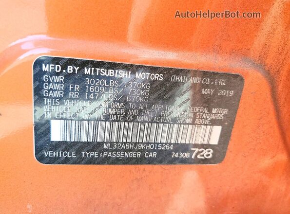ML32A5HJ9KH015264 2019 MITSUBISHI MIRAGE Orange 