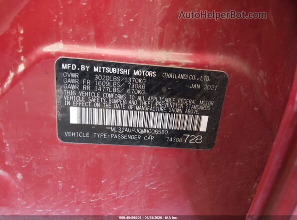 ML32AUHJ0MH006580 2021 MITSUBISHI MIRAGE Red Engine compartment view