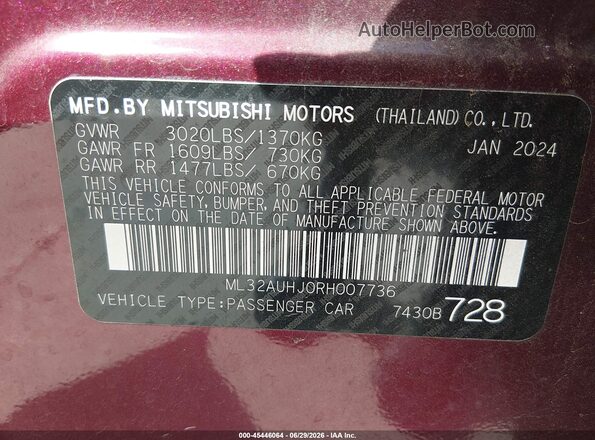 ML32AUHJ0RH007736 2024 MITSUBISHI MIRAGE Burgundy ძრავის განყოფილების ხედი