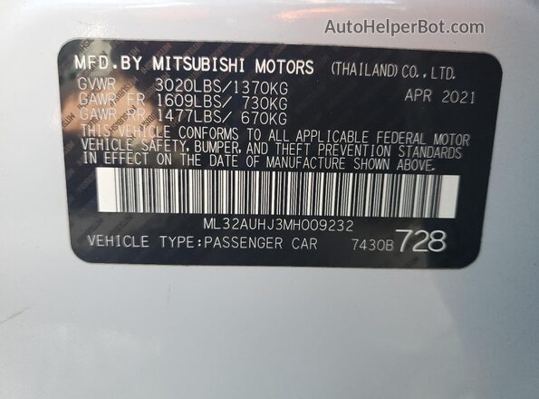ML32AUHJ3MH009232 2021 MITSUBISHI MIRAGE White 