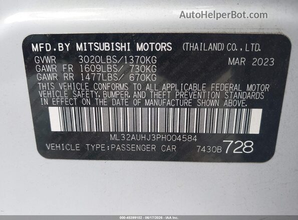 ML32AUHJ3PH004584 2023 MITSUBISHI MIRAGE White Vista del compartimento del motor