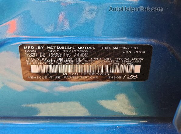 ML32AUHJ3RH008945 2024 MITSUBISHI MIRAGE Blue VIN კოდის სტიკერის ხედი
