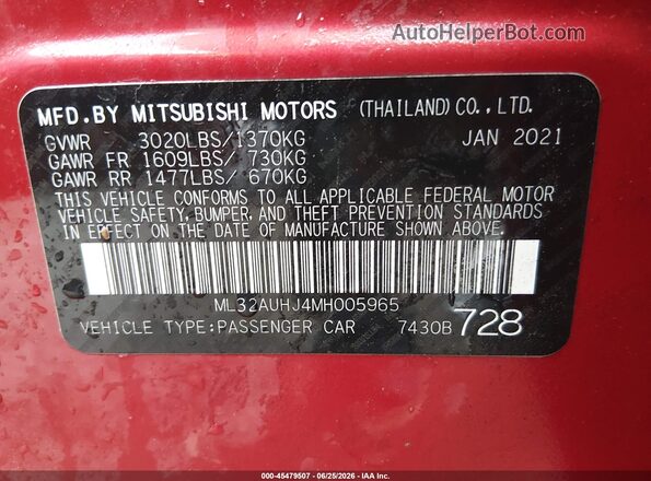 ML32AUHJ4MH005965 2021 MITSUBISHI MIRAGE Red ძრავის განყოფილების ხედი