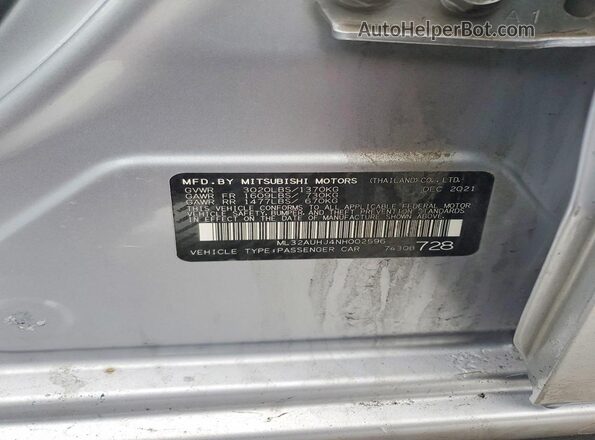 ML32AUHJ4NH002596 2022 MITSUBISHI MIRAGE Серебряный Вид наклейки с VIN-кодом