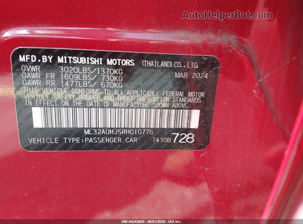 ML32AUHJ5RH010776 2024 MITSUBISHI MIRAGE Red 