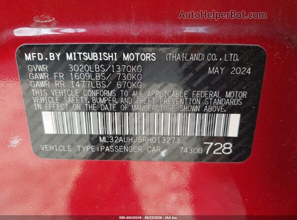 ML32AUHJ5RH013273 2024 MITSUBISHI MIRAGE Red 