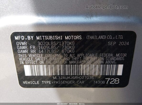 ML32AUHJ6RH027036 2024 MITSUBISHI MIRAGE Silver Engine compartment view