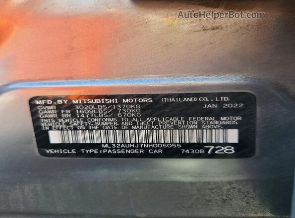 ML32AUHJ7NH005055 2022 MITSUBISHI MIRAGE Gray Widok naklejki z numerem VIN