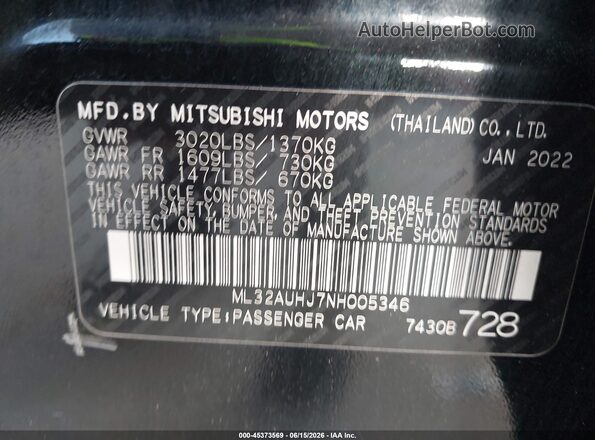 ML32AUHJ7NH005346 2022 MITSUBISHI MIRAGE Black Vista del compartimento del motor