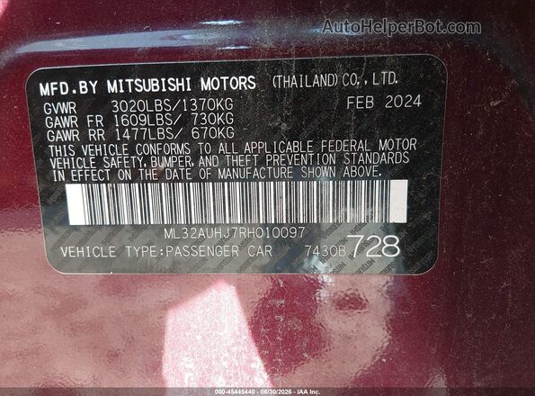 ML32AUHJ7RH010097 2024 MITSUBISHI MIRAGE Burgundy Շարժիչի բաժամունքի տեսք