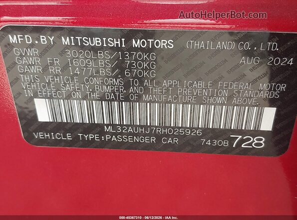 ML32AUHJ7RH025926 2024 MITSUBISHI MIRAGE Maroon ძრავის განყოფილების ხედი
