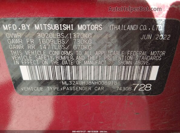 ML32AUHJ8NH008918 2022 MITSUBISHI MIRAGE Red Widok komory silnika