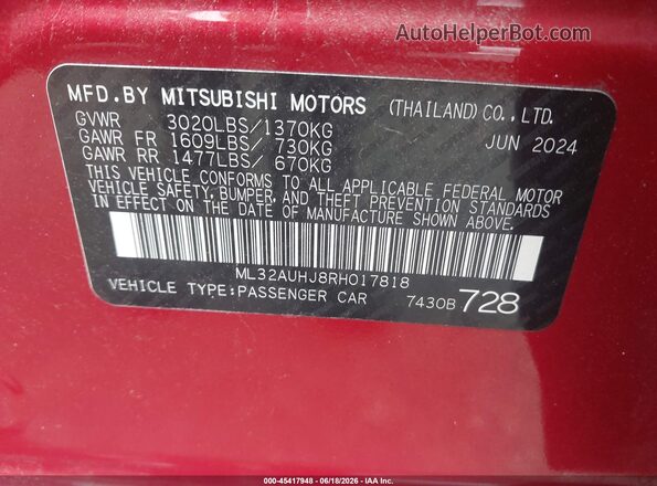 ML32AUHJ8RH017818 2024 MITSUBISHI MIRAGE Red 