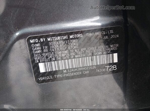 ML32AUHJ8RH021626 2024 MITSUBISHI MIRAGE Gray Շարժիչի բաժամունքի տեսք