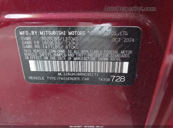 ML32AUHJ8RH035171 2024 MITSUBISHI MIRAGE Maroon Engine compartment view