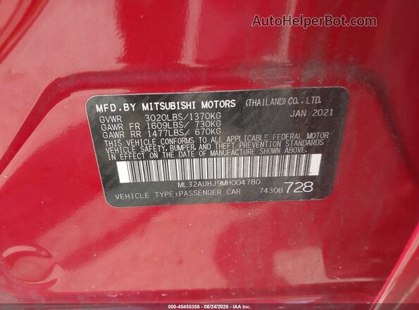 ML32AUHJ9MH004780 2021 MITSUBISHI MIRAGE Red Widok komory silnika