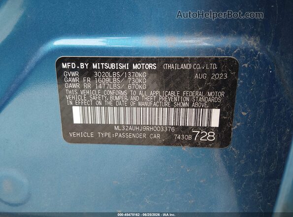 ML32AUHJ9RH003376 2024 MITSUBISHI MIRAGE Blue Շարժիչի բաժամունքի տեսք