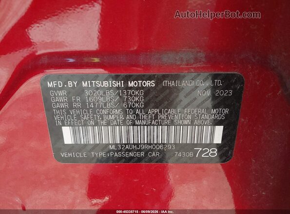 ML32AUHJ9RH006293 2024 MITSUBISHI MIRAGE Red ძრავის განყოფილების ხედი