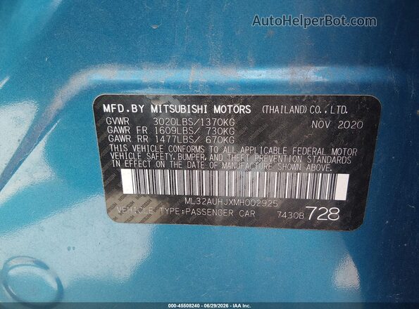 ML32AUHJXMH002925 2021 MITSUBISHI MIRAGE Blue Vista del compartimento del motor