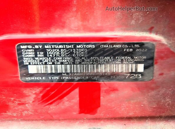 ML32AWHJ3NH006148 2022 MITSUBISHI MIRAGE Red 