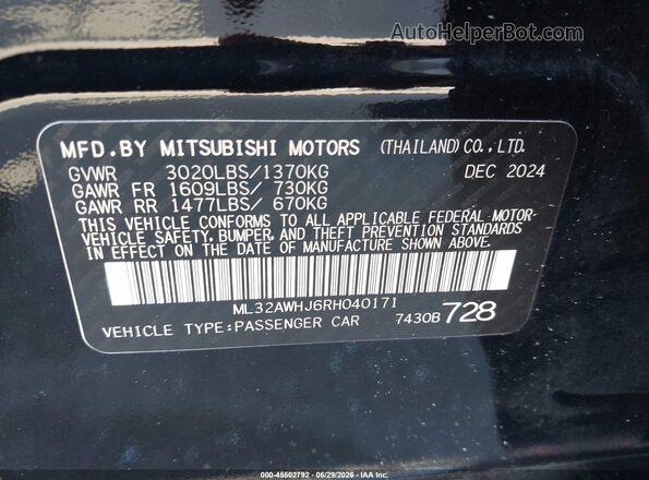 ML32AWHJ6RH040171 2024 MITSUBISHI MIRAGE Black Вид підкапотного простору