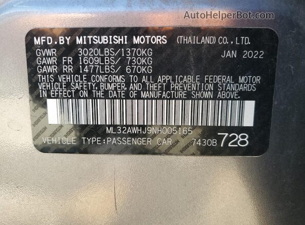 ML32AWHJ9NH005165 2022 MITSUBISHI MIRAGE Charcoal VIN sticker view