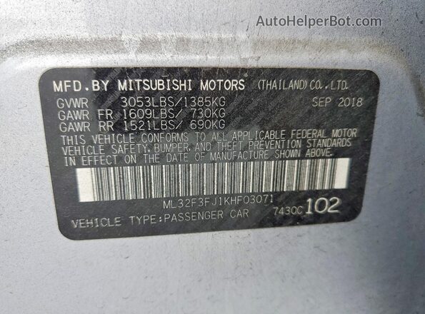 ML32F3FJ1KHF03071 2019 MITSUBISHI MIRAGE Silver Вид наклейки з VIN-кодом