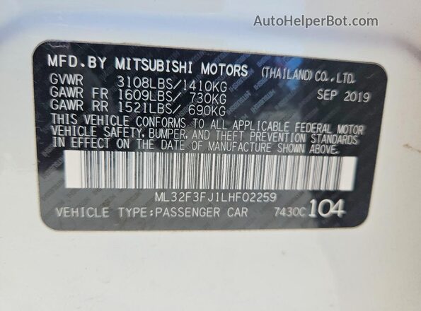 ML32F3FJ1LHF02259 2020 MITSUBISHI MIRAGE White VIN კოდის სტიკერის ხედი