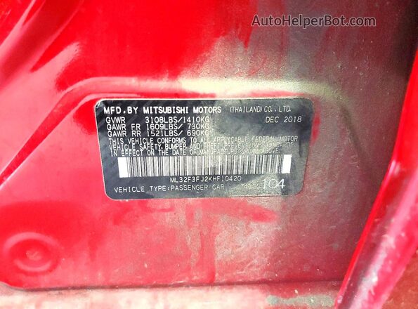 ML32F3FJ2KHF10420 2019 MITSUBISHI MIRAGE Red Вид наклейки з VIN-кодом