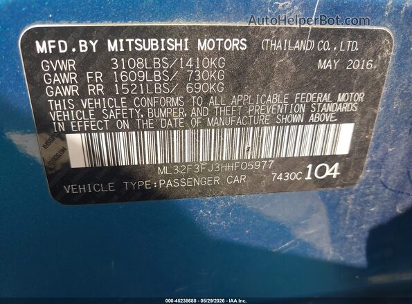 ML32F3FJ3HHF05977 2017 MITSUBISHI MIRAGE G4 Синий Вид подкапотного пространства