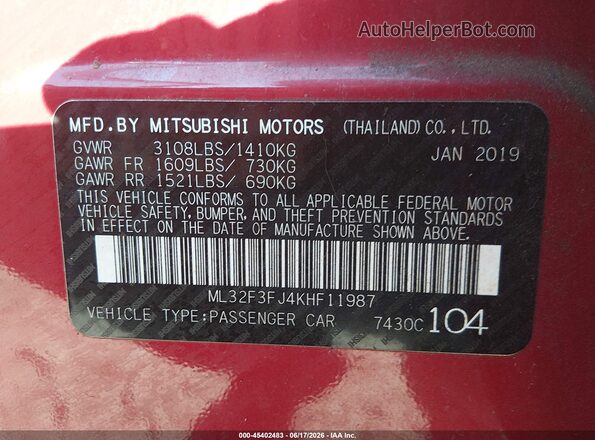 ML32F3FJ4KHF11987 2019 MITSUBISHI MIRAGE G4 Red Вид підкапотного простору