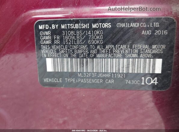 ML32F3FJ6HHF11921 2017 MITSUBISHI MIRAGE G4 Красный Вид подкапотного пространства