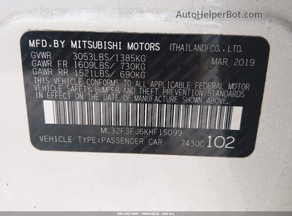 ML32F3FJ6KHF15099 2019 MITSUBISHI MIRAGE G4 Белый Вид подкапотного пространства