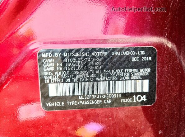 ML32F3FJ7KHF09313 2019 MITSUBISHI MIRAGE Purple ძრავის განყოფილების ხედი