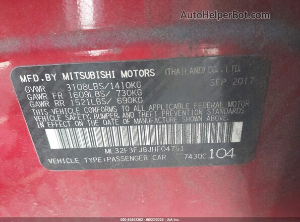 ML32F3FJ8JHF04751 2018 MITSUBISHI MIRAGE G4 Красный Вид подкапотного пространства