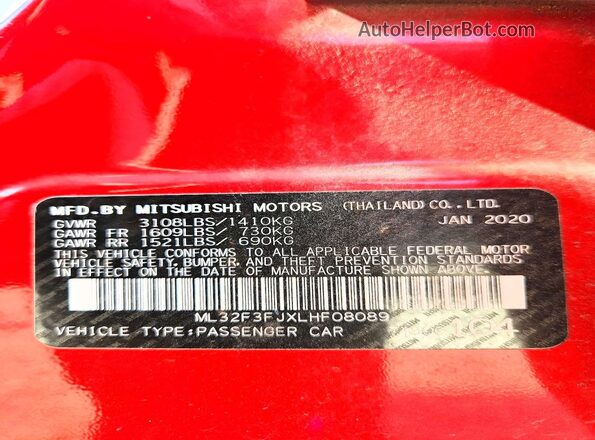 ML32F3FJXLHF08089 2020 MITSUBISHI MIRAGE Red VIN კოდის სტიკერის ხედი
