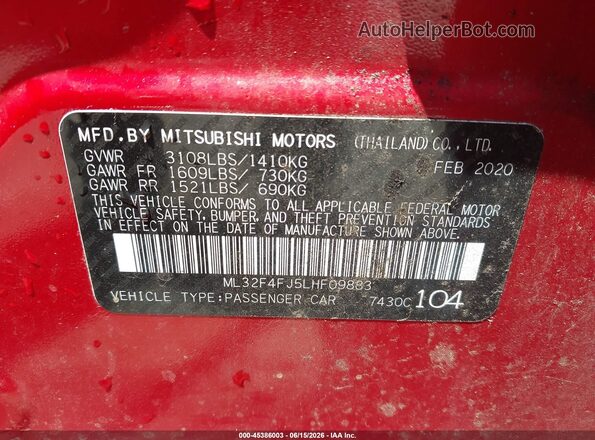 ML32F4FJ5LHF09883 2020 MITSUBISHI MIRAGE G4 Red Engine compartment view