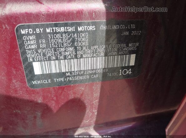 ML32FUFJ2NHF06149 2022 MITSUBISHI MIRAGE G4 Темно-бордовый Вид подкапотного пространства