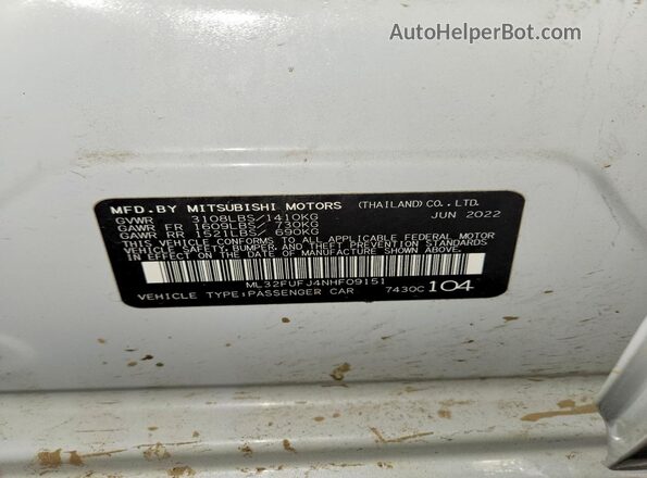 ML32FUFJ4NHF09151 2022 MITSUBISHI MIRAGE White 
