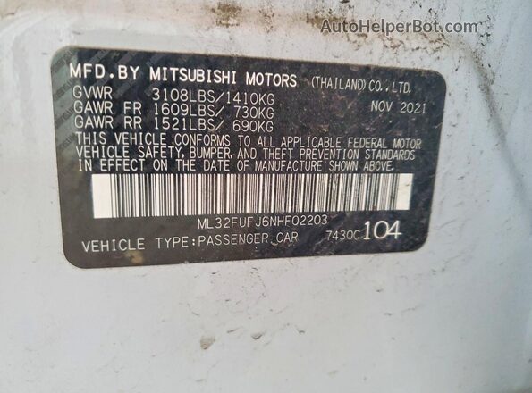 ML32FUFJ6NHF02203 2022 MITSUBISHI MIRAGE Серебряный Вид наклейки с VIN-кодом