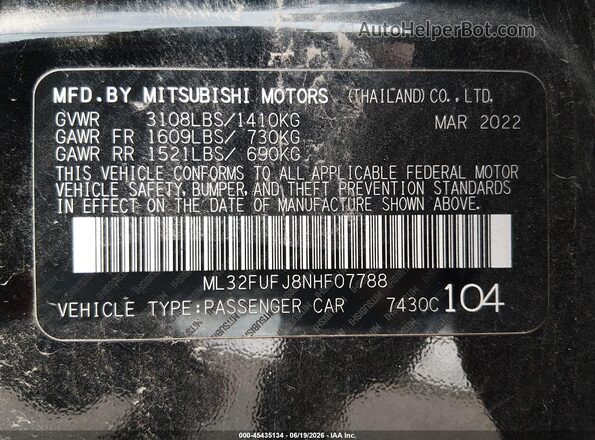 ML32FUFJ8NHF07788 2022 MITSUBISHI MIRAGE G4 Black Vista del compartimento del motor