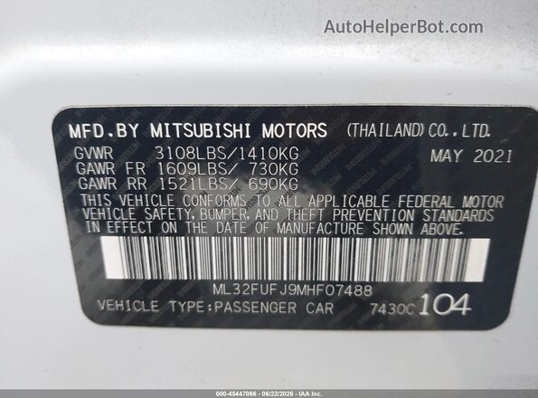 ML32FUFJ9MHF07488 2021 MITSUBISHI MIRAGE G4 Белый Вид подкапотного пространства