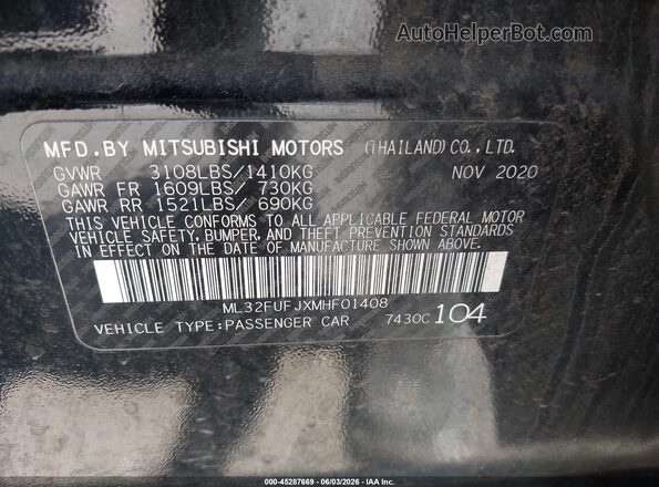 ML32FUFJXMHF01408 2021 MITSUBISHI MIRAGE G4 Black ძრავის განყოფილების ხედი