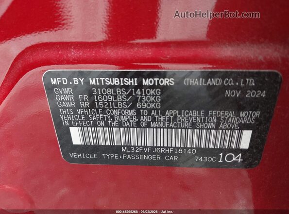 ML32FVFJ6RHF18140 2024 MITSUBISHI MIRAGE G4 Red Engine compartment view