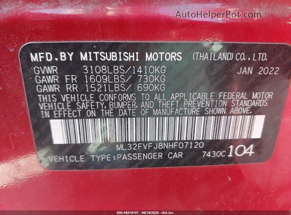 ML32FVFJ8NHF07120 2022 MITSUBISHI MIRAGE G4 Red Vista del compartimento del motor