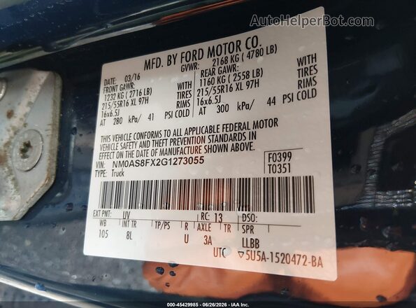 NM0AS8FX2G1273055 2016 FORD TRANSIT CONNECT Blue Вид підкапотного простору