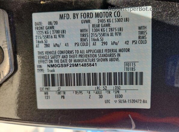 NM0GS9F29M1485841 2021 FORD TRANSIT Charcoal Widok naklejki z numerem VIN